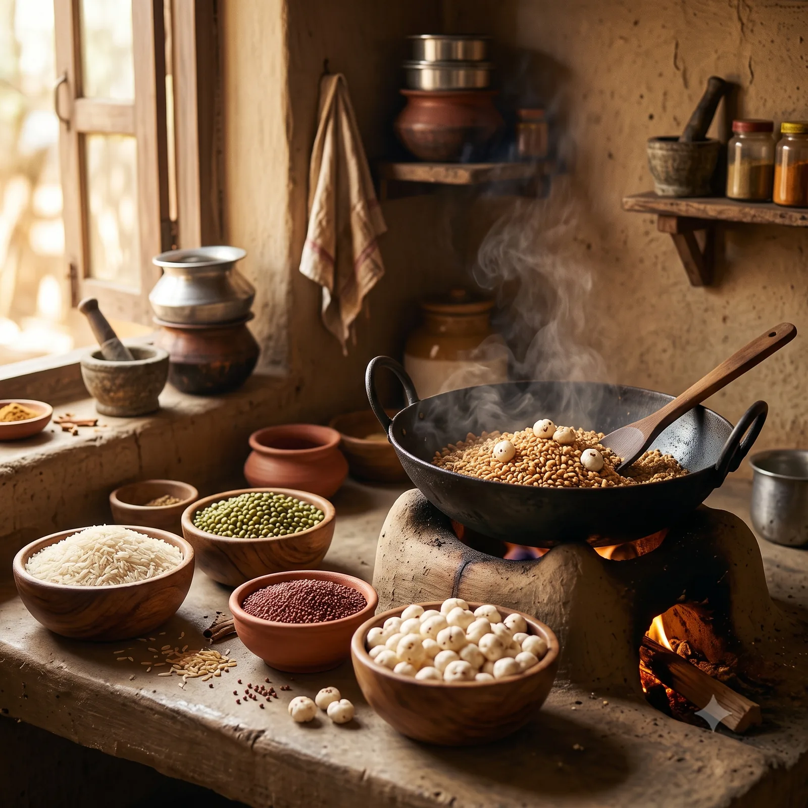 Grains being roasted in a family kitchen